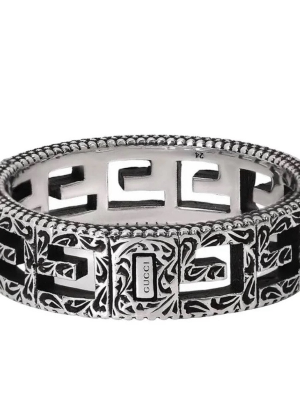 Gucci Silver & Black Engraved GG Cutout Unisex Band